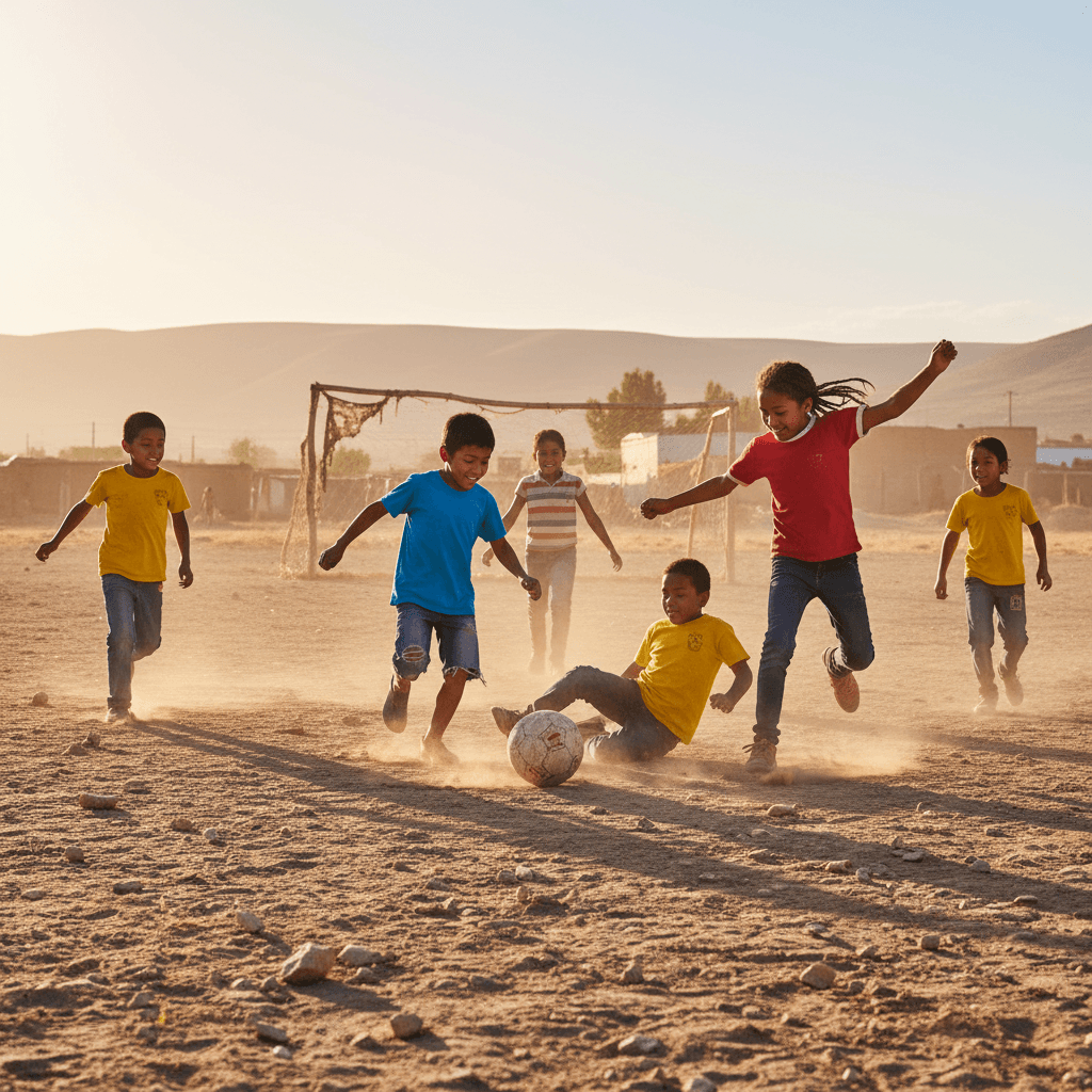 Children playing soccer on a dusty field in Guyana