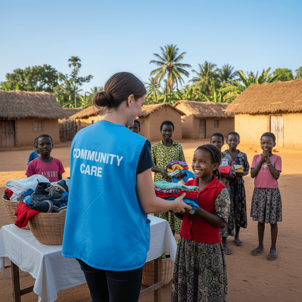Girl receiving clothing from volunteer in community program