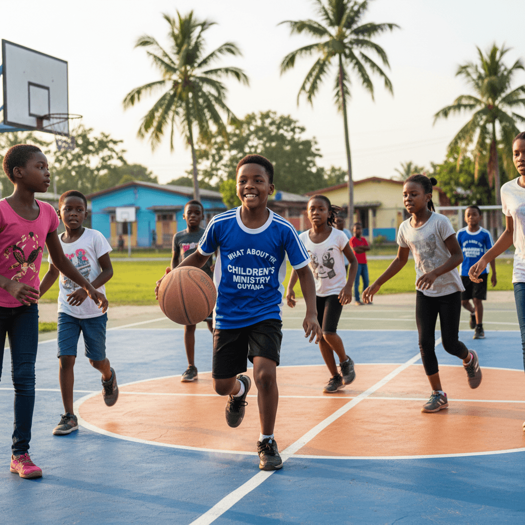 Young boy dribbling basketball on outdoor court with other children in background