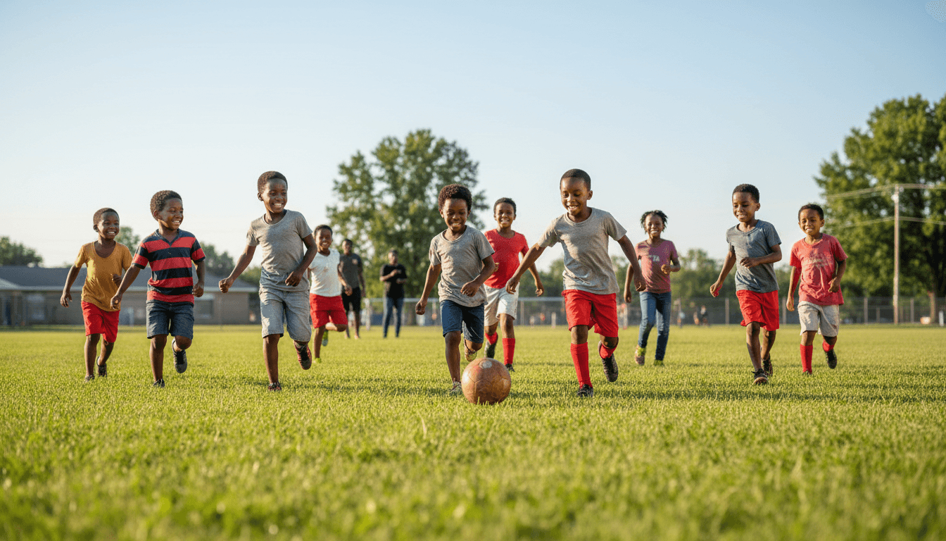 Black African American children playing soccer on a green field, laughing mid-run, sunny afternoon documentary photo