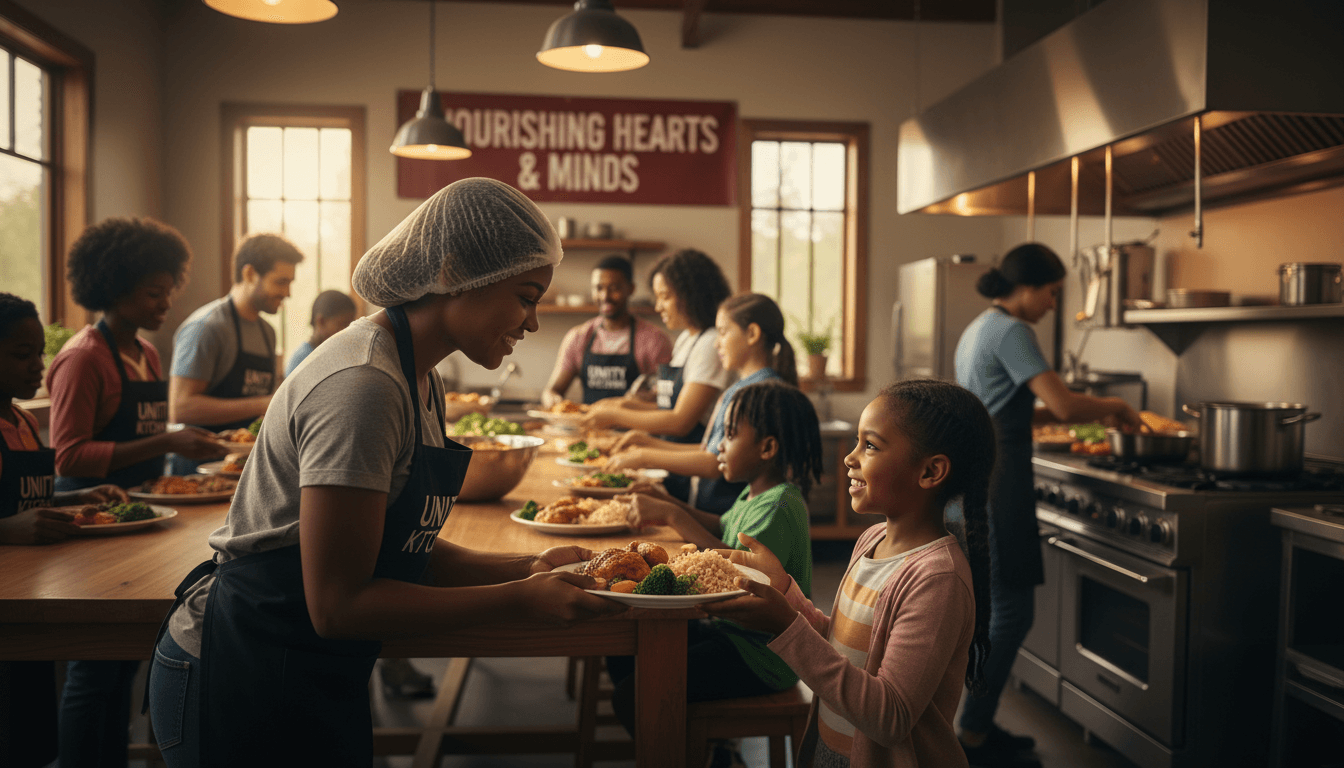 Volunteer handing a plate of food to a smiling Black African American child in a community kitchen, warm indoor light