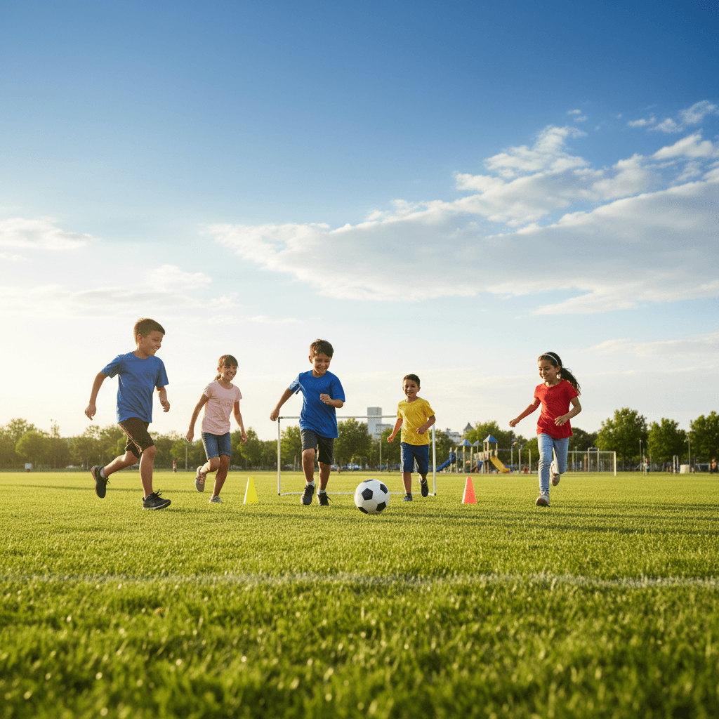 Children playing soccer as part of community sports program