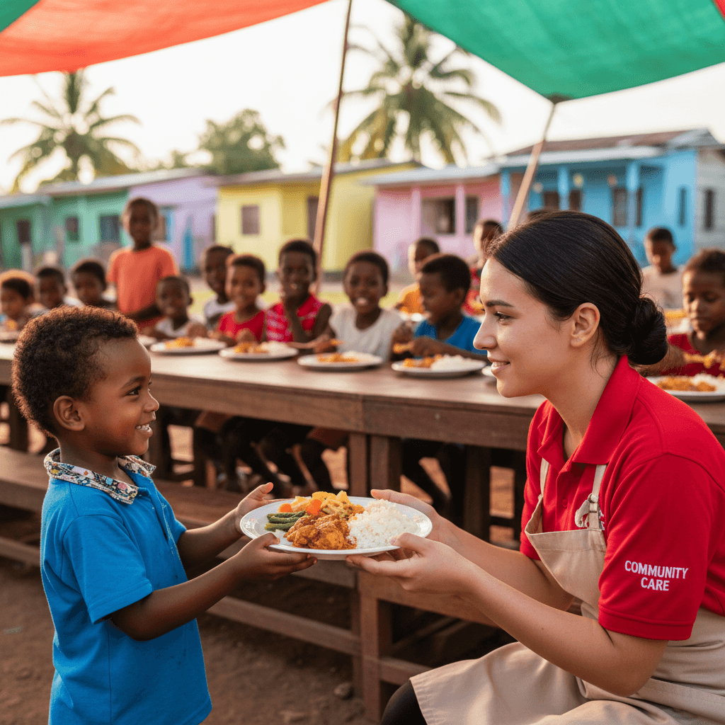 A child receives a meal from the ministry