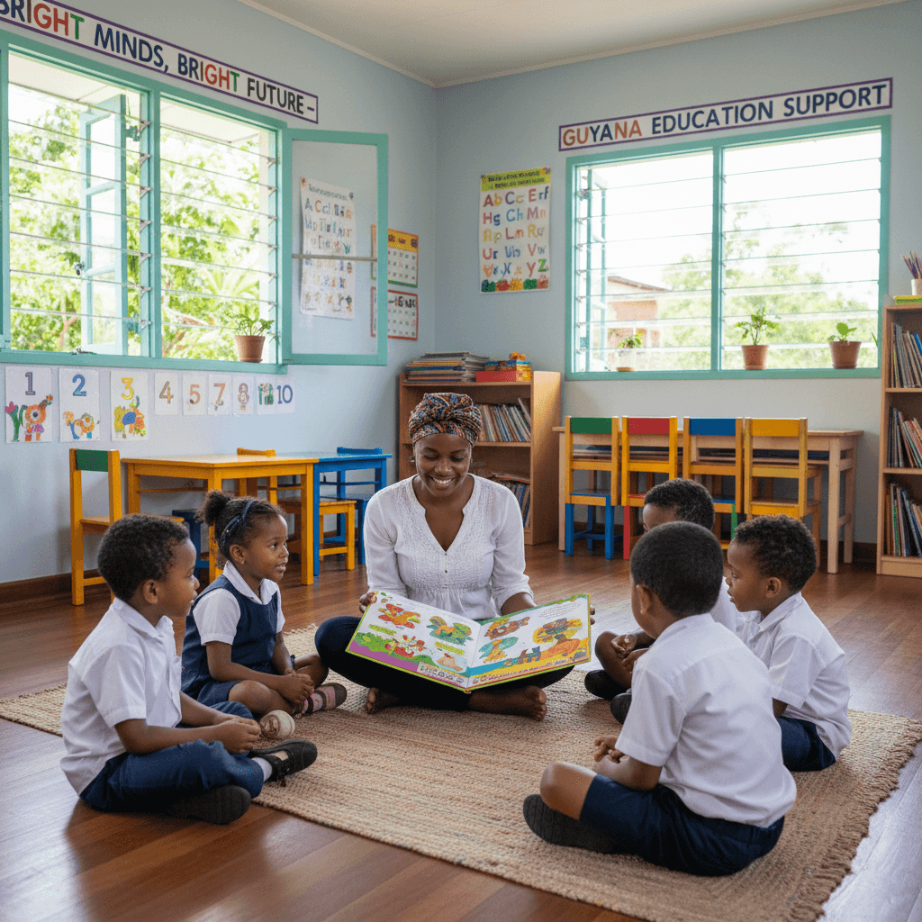 Teacher or volunteer reading book to group of children sitting in circle