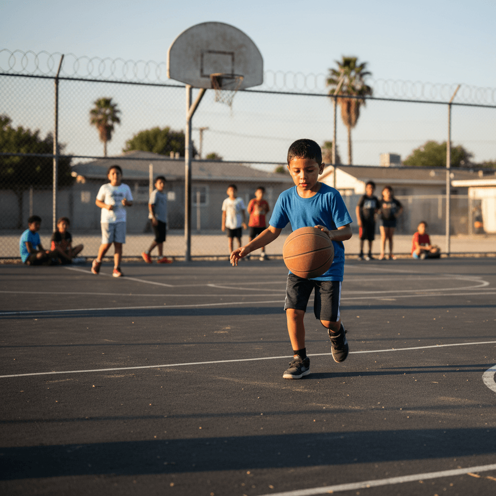 Boy playing basketball during youth program