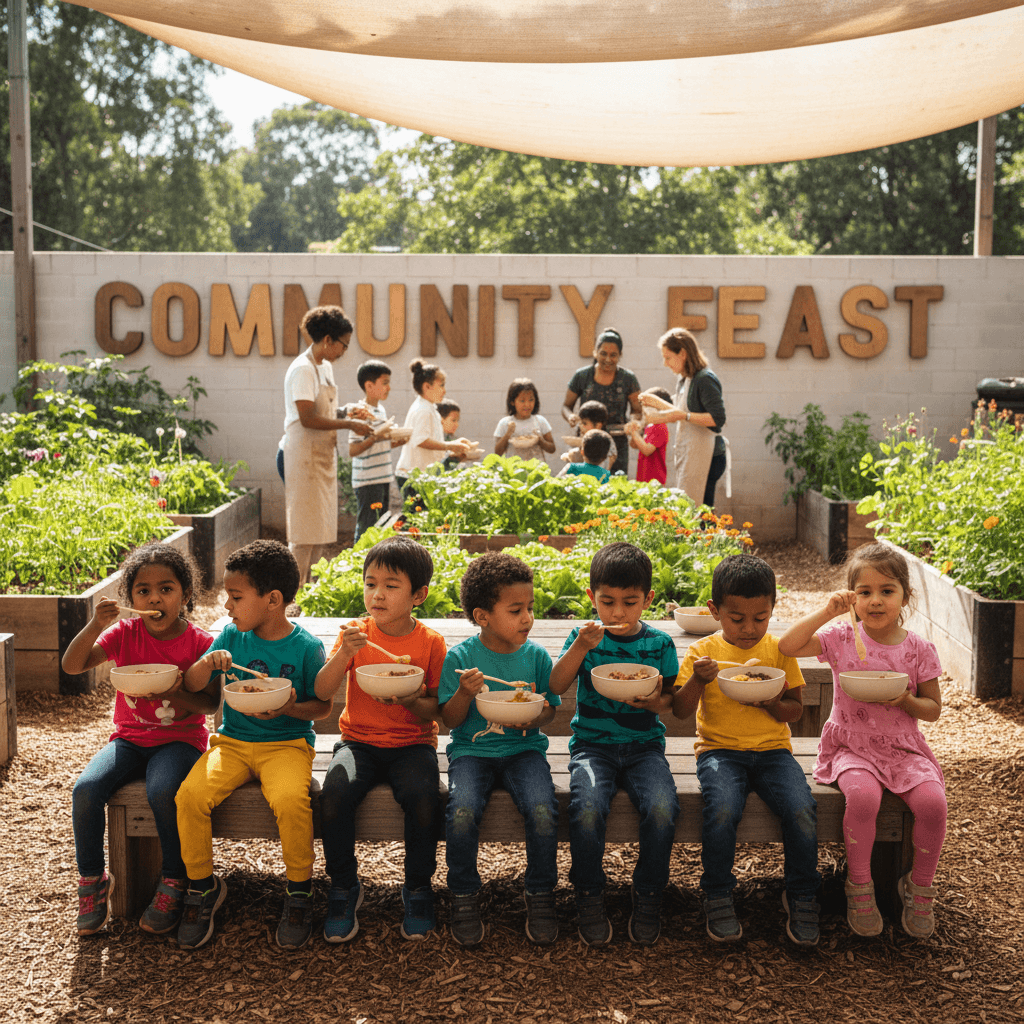 Children eating together during meal distribution in Guyana