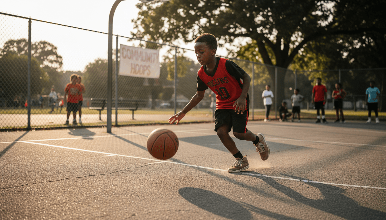 Black African American boy dribbling a basketball on an outdoor asphalt court, golden hour, energetic photojournalism