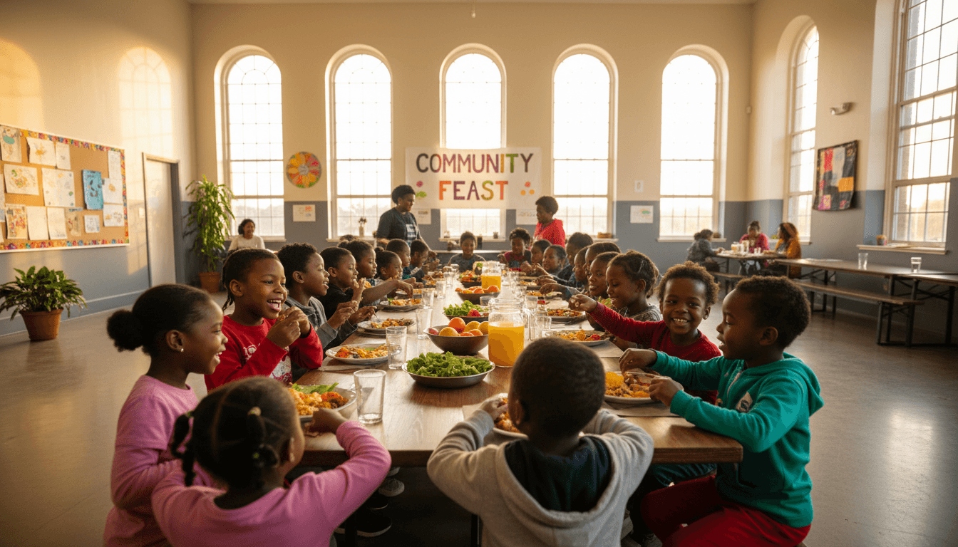 Black African American children sharing a meal together at a long table in a bright community hall, warm natural light, candid documentary photo
