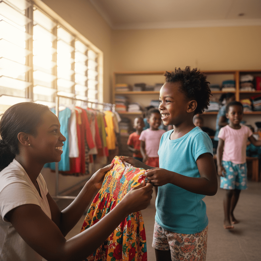 Girl receiving clothing from volunteer in community program