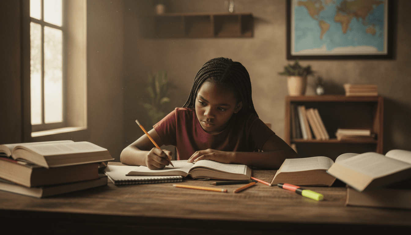 Black African American girl studying at a wooden desk with notebooks and pencils, focused expression, soft window light portrait