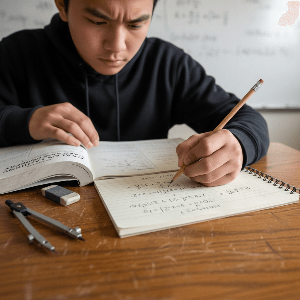 Girl studying at a desk with school supplies