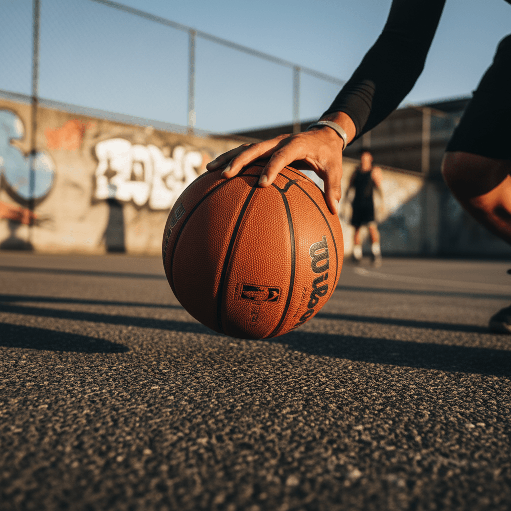 Boy playing basketball on an outdoor court