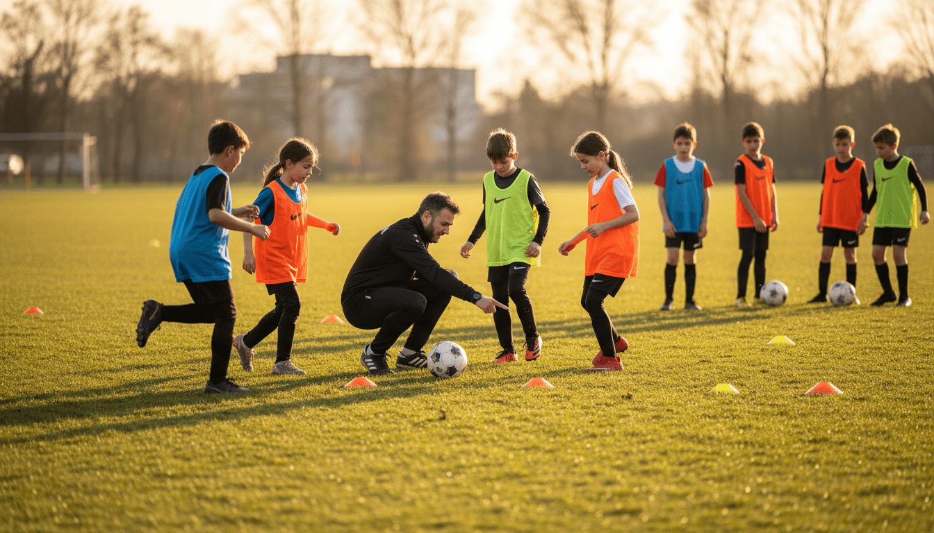 Children in Guyana playing soccer on a grassy field during golden hour