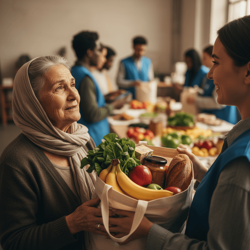 Volunteer giving food to a smiling child
